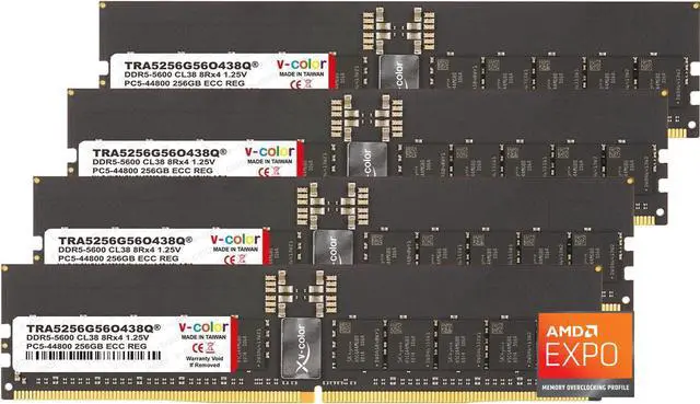 Main image of V-COLOR DDR5 1024GB (256GBx4) 5600MHz CL38 16Gx4 8Rx4 OC R-DIMM (Overclocking ECC Registered DIMM) 1.25V Memory Ram for TRX50 Workstation (AMD EXPO) (TRA5256G56O438Q)