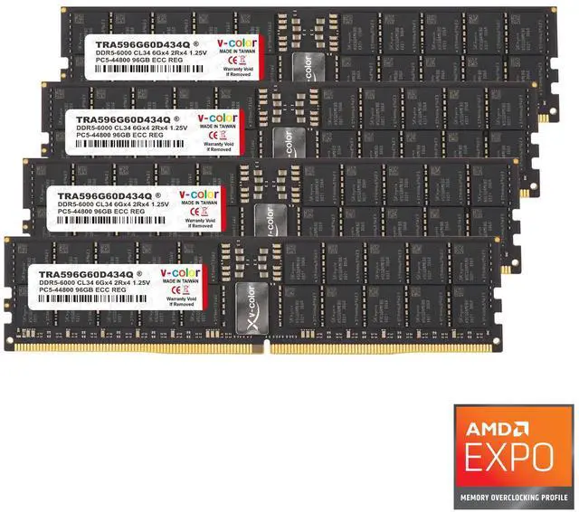 Main image of V-COLOR DDR5 384GB (96GBx4) 6000MHz CL34 6Gx4 2Rx4 OC R-DIMM (Overclocking ECC Registered DIMM) 1.4V Memory Ram for TRX50 Workstation (AMD EXPO) (TRA596G60D434Q)
