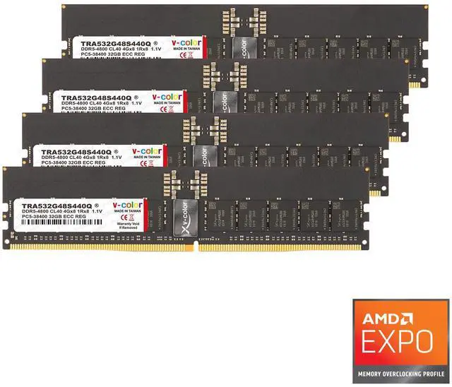 Main image of V-COLOR DDR5 128GB (32GBx4) 4800MHz CL40 4Gx4 1Rx4 JEDEC R-DIMM (ECC Registered DIMM) 1.1V Memory Ram for TRX50 Workstation (AMD EXPO) (TRA532G48S440Q)