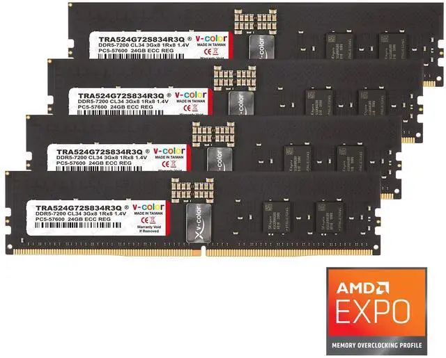 Main image of V-COLOR DDR5 96GB (24GBx4) 7200MHz CL34 3Gx8 1Rx8 OC R-DIMM (Overclocking ECC Registered DIMM) 1.4V Memory Ram for TRX50 Workstation (AMD EXPO) (TRA524G72S834R3Q) 96GB 7200MHz (PC5-57600)