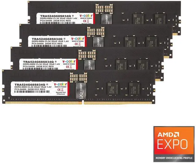 Main image of V-Color DDR5 96GB (24GBx4) 6800MHz CL34 3Gx8 1Rx8 OC R-DIMM (Overclocking ECC Registered DIMM) 1.4V Memory Ram for TRX50 Workstation (AMD Expo) (TRA524G68S834Q)