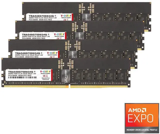 Main image of V-COLOR DDR5 192GB (48GBx4) 7000MHz CL34 3Gx8 2Rx8 OC R-DIMM (Overclocking ECC Registered DIMM) 1.4V Memory Ram for TRX50 Workstation (AMD EXPO) (TRA548G70D834Q)