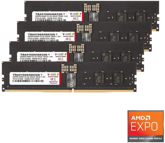 Main image of V-COLOR DDR5 64GB (16GBx4) 6400MHz CL32 2Gx8 1Rx8 OC R-DIMM (Overclocking ECC Registered DIMM) 1.4V Memory Ram for TRX50 Workstation (AMD EXPO) (TRA516G64S832Q)