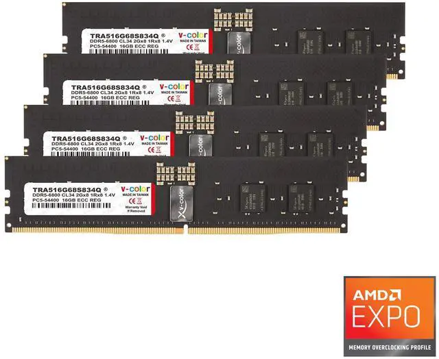 Main image of V-COLOR DDR5 64GB (16GBx4) 6800MHz CL34 2Gx8 1Rx8 OC R-DIMM (Overclocking ECC Registered DIMM) 1.4V Memory Ram for TRX50 Workstation (AMD EXPO) (TRA516G68S834Q)