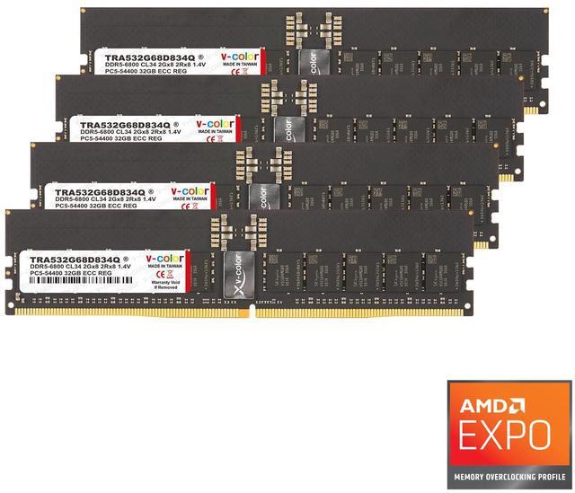 Main image of V-COLOR DDR5 128GB (32GBx4) 6800MHz CL34 2Gx8 2Rx8  OC R-DIMM (Overclocking ECC Registered DIMM) 1.4V Memory Ram for TRX50 Workstation (AMD EXPO) (TRA532G68D834Q)