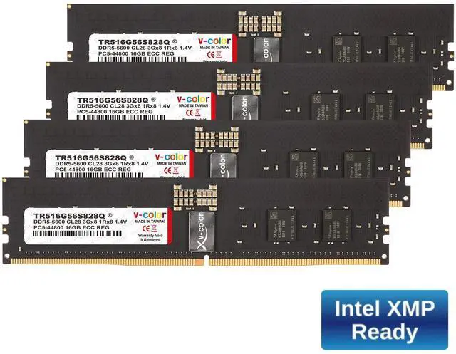 Main image of V-Color DDR5 64GB (4x16GB) 5600MHz CL28 1Rx8 Ultra Low-timing OC R-DIMM (Overclocking ECC Registered DIMM) 1.4V Memory Ram for W790 Workstation (INTEL XMP) (TR516G56S828Q)
