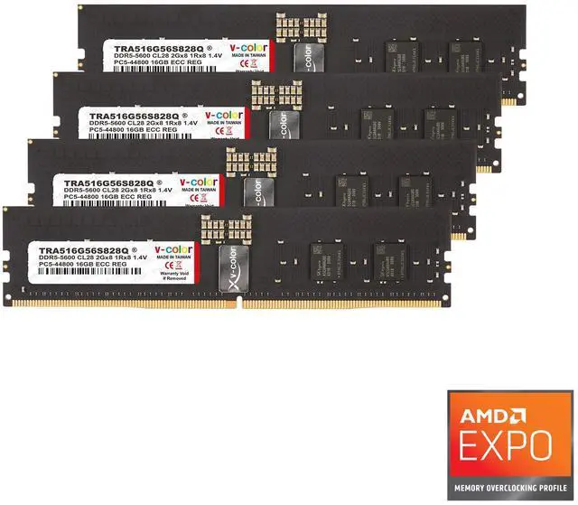 Main image of V-Color DDR5 64GB (4x16GB) 5600MHz CL28 1Rx8 Ultra Low-timing OC R-DIMM (Overclocking ECC Registered DIMM) 1.4V Memory Ram for TRX50/WRX90 Workstation (AMD EXPO) (TRA516G56S828Q)