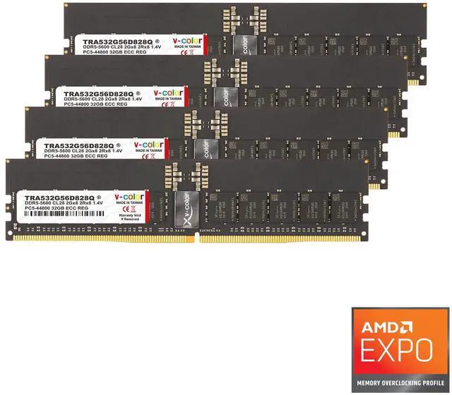Main image of V-Color DDR5 128GB (4x32GB) 5600MHz CL28 2Rx8 Ultra Low-timing OC R-DIMM (Overclocking ECC Registered DIMM) 1.4V Memory Ram for TRX50/WRX90 Workstation (AMD EXPO) (TRA532G56D828Q)