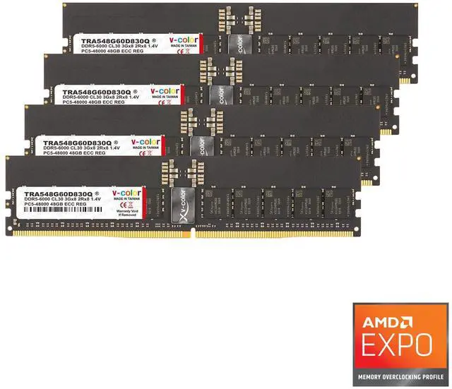 Main image of V-Color DDR5 192GB (4x48GB) 6000MHz CL30 2Rx8 Ultra Low-timing OC R-DIMM (Overclocking ECC Registered DIMM) 1.4V Memory Ram for TRX50/WRX90 Workstation (AMD EXPO) (TRA548G60D830Q)