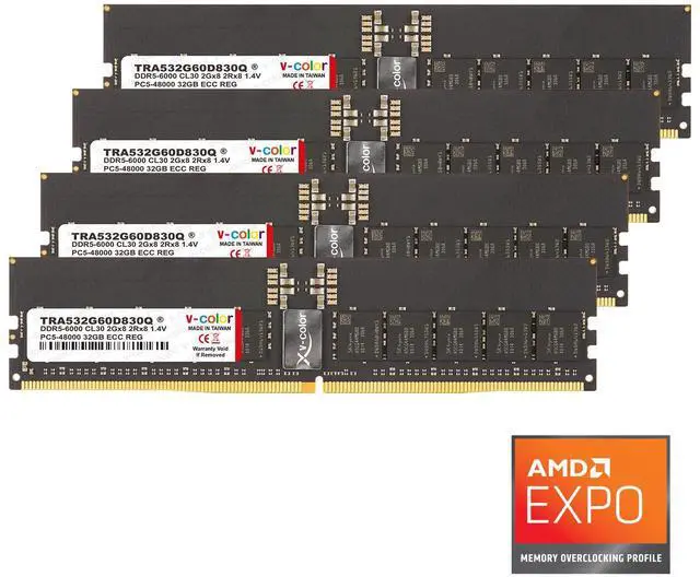Main image of V-Color DDR5 128GB (4x32GB) 6000MHz CL30 2Rx8 Ultra Low-timing OC R-DIMM (Overclocking ECC Registered DIMM) 1.4V Memory Ram for TRX50/WRX90 Workstation (AMD EXPO) (TRA532G60D830Q)