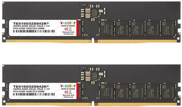 Main image of V-Color DDR5 32GB (16GBx2) 5200MHz CL42 1Rx8 ECC UNBUFFERED DIMM 1.1V (ECC UDIMM) Memory Ram for Server (TE516G52S842K)