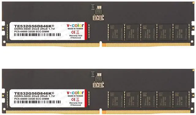 Main image of V-Color DDR5 64GB (32GBx2) 5600MHz CL46 2Rx8 ECC UNBUFFERED DIMM 1.1V (ECC UDIMM) Memory Ram for Server (TE532G56D846K)