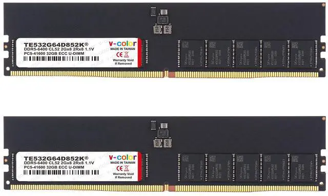 Main image of V-Color DDR5 64GB (32GBx2) 6400MHz CL52 2Rx8 ECC UNBUFFERED DIMM 1.1V (ECC UDIMM) Memory Ram for Server (TE532G64D852K)