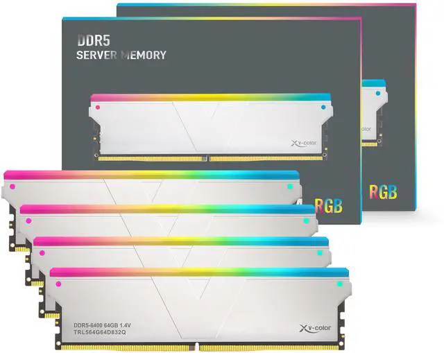 Alt view image 2 of 3 - V-Color DDR5 256GB (64GBx4) 6400MHz CL32 2Rx8 OC R-DIMM RGB(Overclocking ECC Registered RGB DIMM) 1.4V Memory Ram for W790 Workstation (Intel XMP) (TRL564G64D832Q)