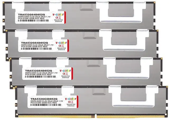 Main image of V-COLOR DDR5 128GB (32GBx4) 6400MT/s CL52 ECC R-DIMM 1.1V Memory Ram for AMD TRX50/WRX90 Workstations with Hynix IC (TRA532G64D852Q)