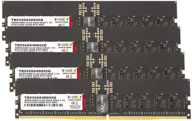 Main image of V-COLOR 128GB (32GBx4) DDR5 6400MT/s PC5-51200 CL52 1.1V ECC R-DIMM Registered Server Memory Compatible with INTEL W890 Workstations with Hynix IC (TR532G64D852Q)