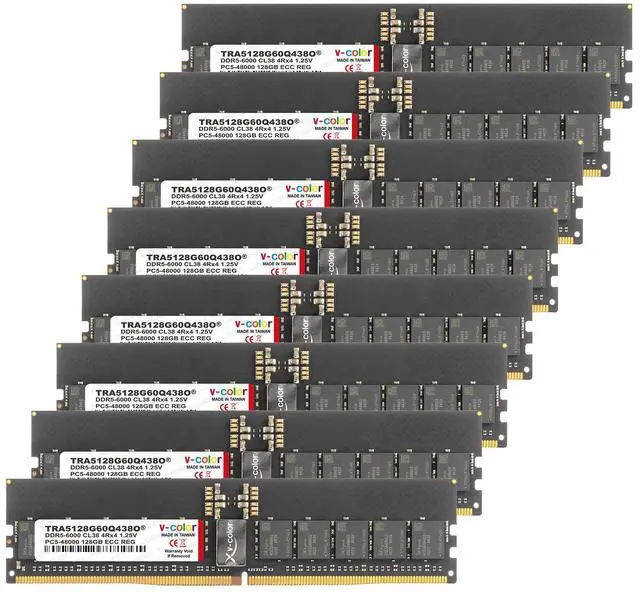 Main image of V-COLOR DDR5 1TB (128GBx8) 6000MHz CL38 4Rx4 OC R-DIMM (Overclocking ECC Registered DIMM) 1.25V Memory Ram for TRX50/WRX90 Workstation (AMD EXPO) (TRA5128G60Q438O)