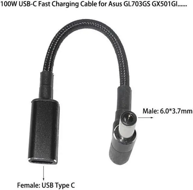 Alt view image 2 of 7 - 100W USB-C Type C Female to 6.0x3.7mm DC Tip PD converter cable for Asus FX-PRO Laptops