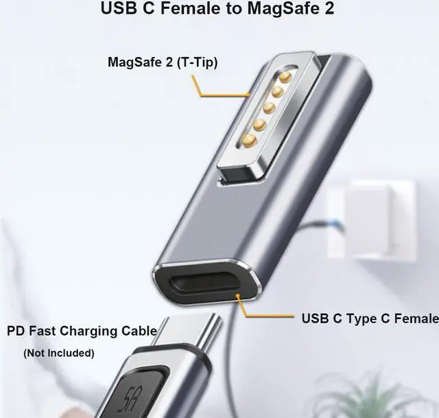 Alt view image 2 of 6 - USB-C Type C Female to Magsafe 2 T-Tip Power Adapter Tip Converter for Apple Macbook Pro/MacBook Air (T-Tip)