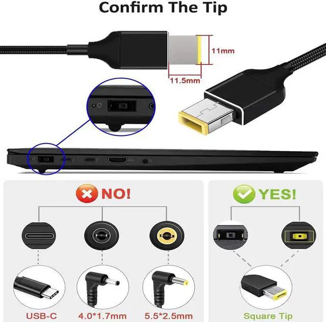 Alt view image 6 of 6 - 135W USB C Type C to Slim Square Tip PD Charger Cable Power Cable for Lenovo Laptops