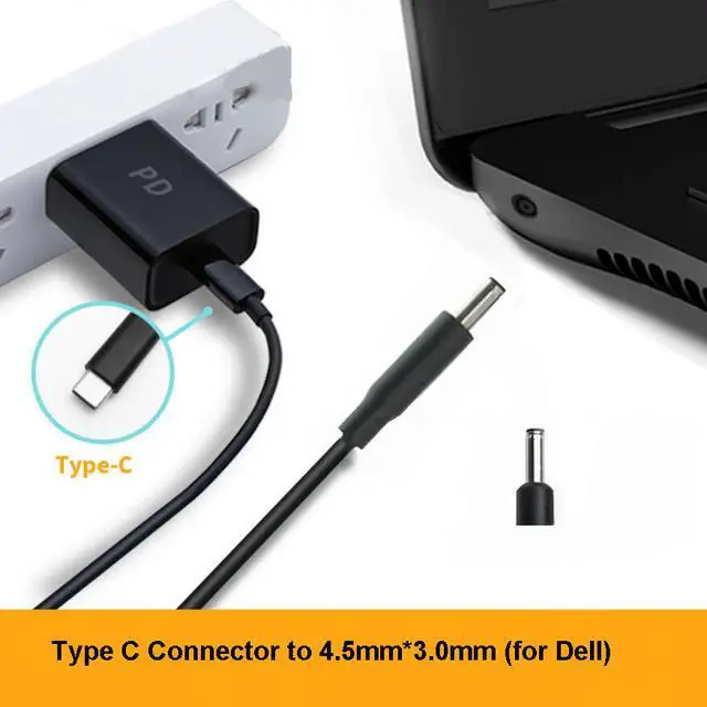 Alt view image 2 of 4 - USB-C Type C to 4.5mm 3.0mm (Black Tip) Charging Power Cable for Dell 65W 4.5mm*3.0mm DC Tip Laptops