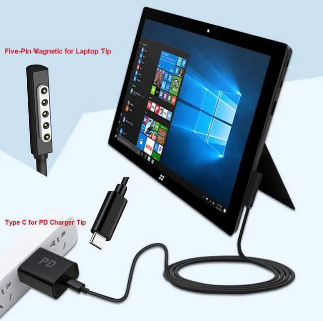 Alt view image 3 of 6 - USB-C Type-C to Surface 5 Pin Magnetic Cable for Microsoft Surface Pro 1 2 Surface RT 2