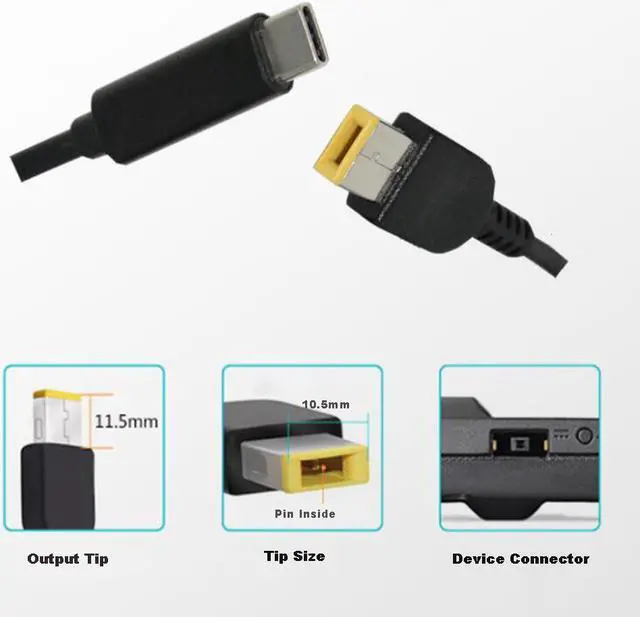 Alt view image 4 of 5 - USB-C Type C to Lenovo Laptops Slim Square Connector Plug Converter Cable DC Tip Jack