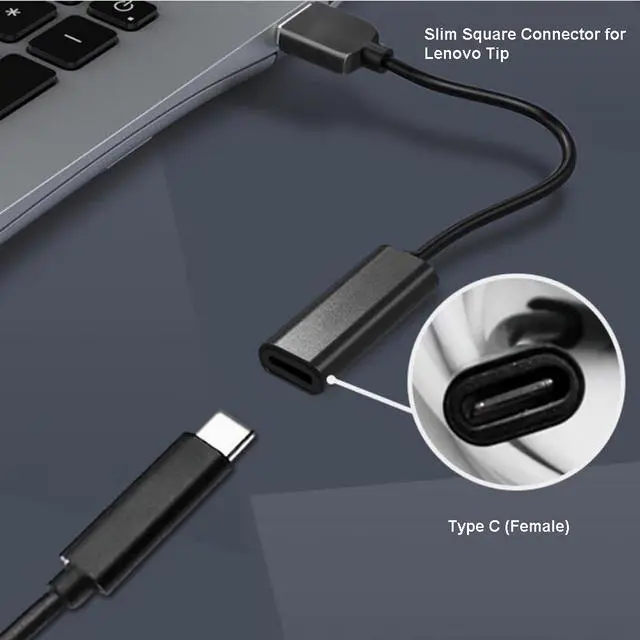 Alt view image 3 of 7 - USB-C Type-C (Female) to Slim Square Tip converter cable for Lenovo 65W Slim tip laptops