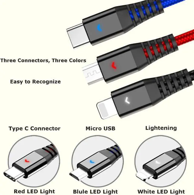 Alt view image 4 of 5 - Multi Charger Universal 3 in 1 Multiple USB Charging Cable Cord Adapter with Lightning / USB Type C / Micro USB Connector Ports for iPhone, iPad, Android More