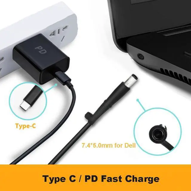 Alt view image 3 of 6 - USB-C Type C to 7.4mm 5.0mm round Tip Charging Power Cable for Dell 65W 7.4mm*5.0mm round tip laptops