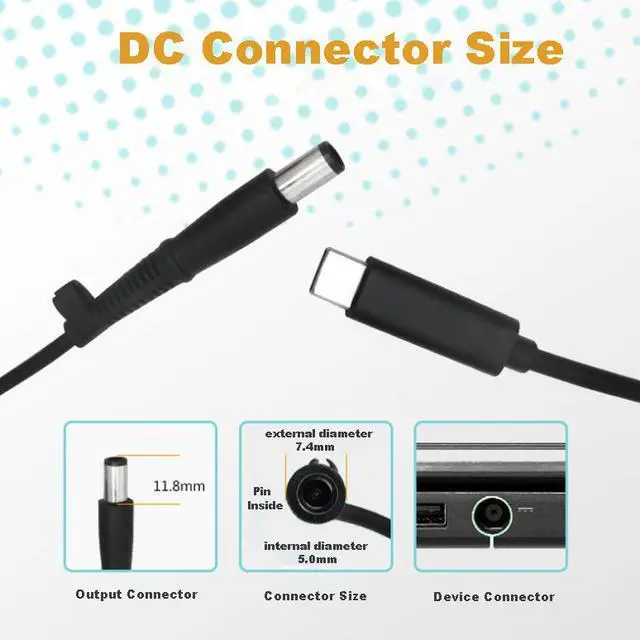Alt view image 4 of 6 - USB-C Type C to 7.4mm 5.0mm round Tip Charging Power Cable for Dell 65W 7.4mm*5.0mm round tip laptops