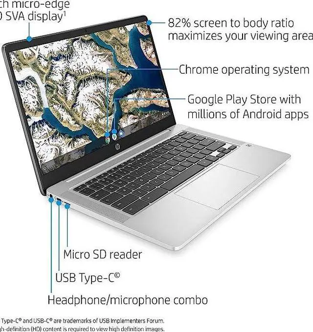 Alt view image 4 of 12 - HP Chromebook 14a-na0024nr 14" HD Laptop Intel Celeron N4120 1.10GHz up to 2.60GHz, 4-cores Intel UHD Graphics 600 4GB LPDDR4-2400 RAM 32GB eMMC Chrome OS - 4M111UA