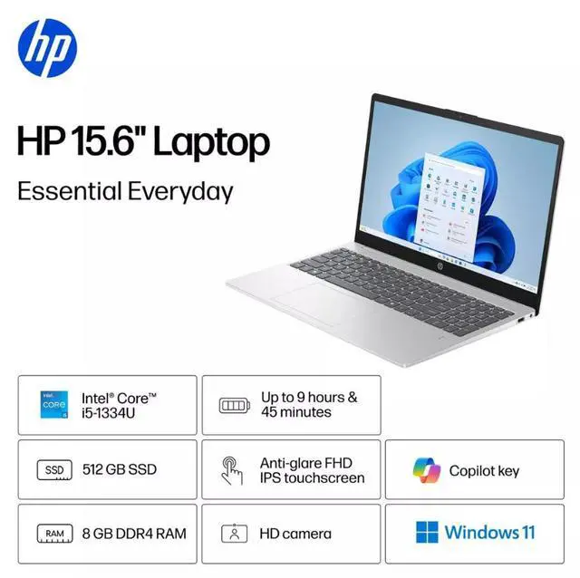 Alt view image 5 of 10 - HP 15.6 inch FHD (1920x1080) IPS Touchscreen Laptop, Intel Core i5-1334U Processor, 8GB - 512GB SSD, Windows 11 Home - Natural Silver (15-fd0154wm)