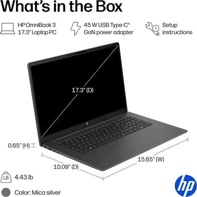Alt view image 10 of 10 - HP OmniBook 3 17.3 inch Laptop PC, FHD Display, AMD Ryzen 3 30, 8 GB RAM, 512 GB SSD, AMD Radeon 610M Graphics, Windows 11 Home, Mica Silver, 17-dp0199nr