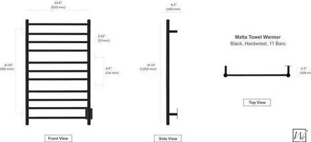 Alt view image 2 of 5 - Malta Towel Warmer, Black, Hardwired, 11 Bars