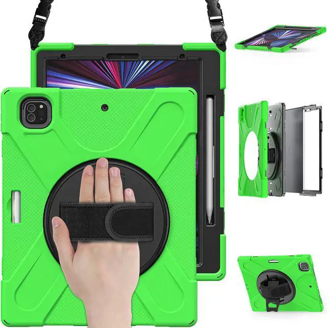 Main image of iPad Pro 12.9 Case 2021 5th Generation, Shockproof Rugged Drop Protection Cover with Pencil Holder and Rotating Kickstand Hand Strap / Shoulder Strap For iPad Pro 12.9 inch 2021 Green