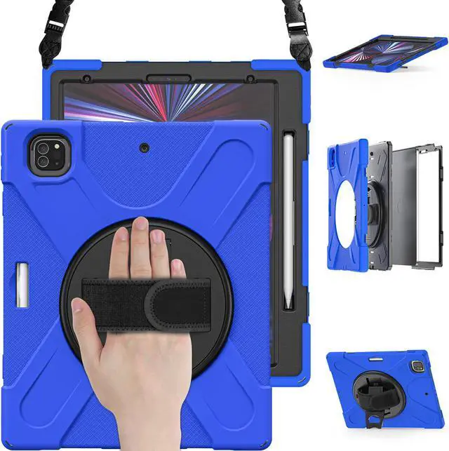 Main image of iPad Pro 12.9 Case 2021 5th Generation, Shockproof Rugged Drop Protection Cover with Pencil Holder and Rotating Kickstand Hand Strap / Shoulder Strap For iPad Pro 12.9 inch 2021 Blue