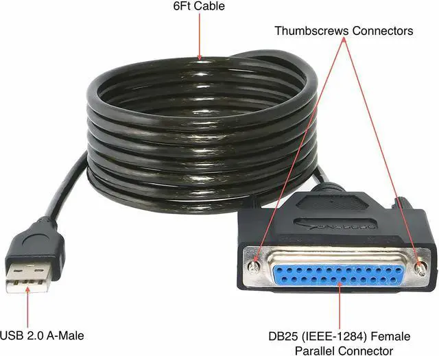 Alt view image 2 of 7 - SABRENT USB 2.0 to DB25 IEEE-1284 Parallel Printer Cable Adapter [THUMBSCREWS Connectors] (CB-DB25)