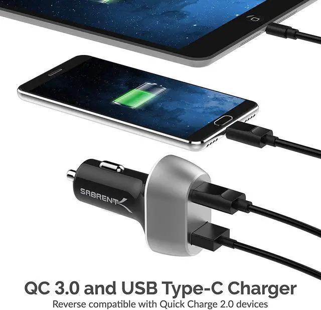 Alt view image 2 of 9 - Sabrent 63W 2-Port USB Quick Charge 3.0 PD Car Charger (CH-PDQC)