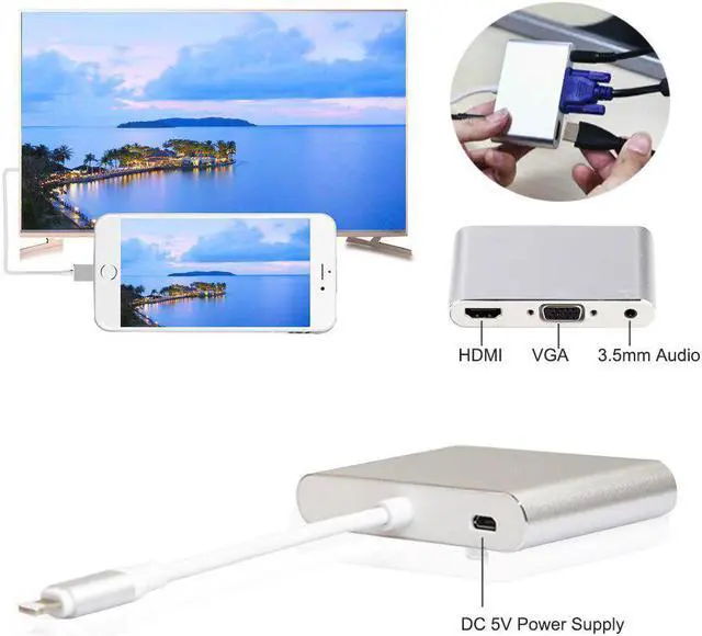 Alt view image 5 of 5 - lighting to hdmi vga audio adapter hdmi vga converter adapter USB Cable For iPhone