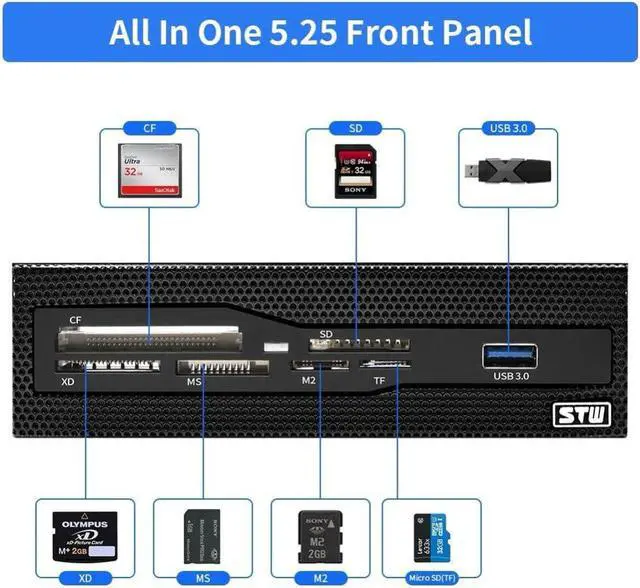 Alt view image 4 of 5 - 5.25 Inch Internal Card Reader For Computer With USB 3.0 SD Micro SD CF XD MS M2 TF Front Panel All In 1 Memory Card Reader