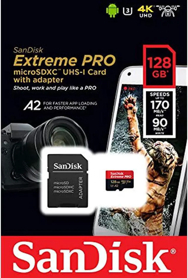 Alt view image 6 of 18 - SanDisk SDSQXCY-128G-GN6MA DCM 128GB 8p MSDXC r170MB/s w90MB/s Class 10 UHS-I U3 A2 V30 SanDisk Extreme Pro Micro Secure Digital Extended Capacity Card w/ Adapter
