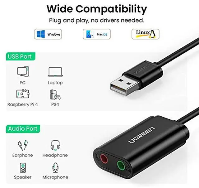 Alt view image 9 of 14 - UGREEN USB Audio Adapter External Stereo Sound Card with 3.5mm Headphone and Microphone Jack for Windows, Mac, Linux, PC, Laptops, Desktops, PS4 (Black)