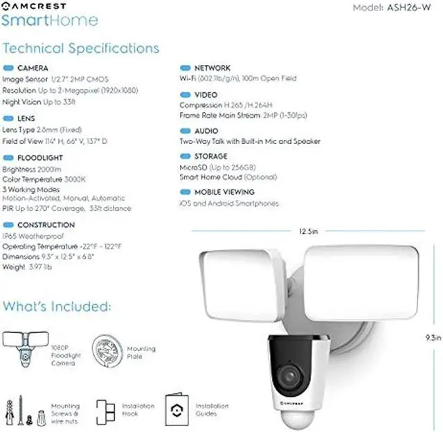 Alt view image 12 of 15 - Amcrest SmartHome 1080p WiFi Outdoor Security Camera with Floodlight, Built-in Siren Alarm, 2000lm Floodlight, Two-Way Audio, 114° View, IP65 Weatherproof, MicroSD & Smart Cloud Storage, ASH26-W