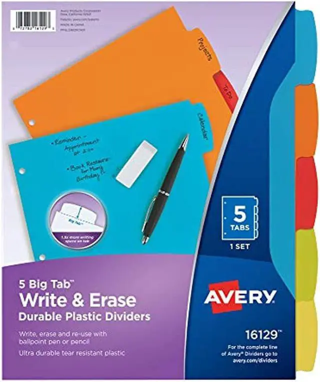 Main image of Avery Big Tab Write & Erase Durable Plastic Dividers, 5 MulticolorTabs, 1 Set (16129),8-1/2" x 11"