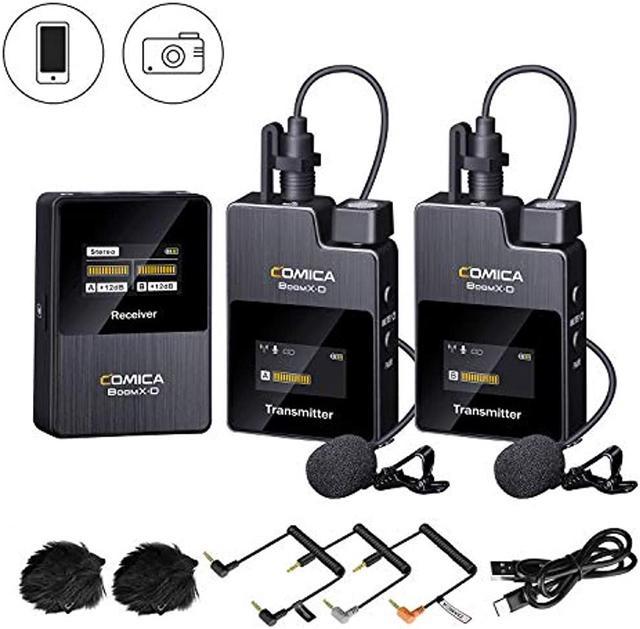 Wireless Lavalier Microphone,Comica BoomX-D2 2.4G Compact Wireless  Microphone System with 2 Transmitter and 1 Receiver,Lav Mic for Smartphone  Camera Podcast Interview  Facebook Live-Stream 