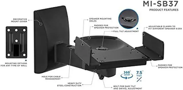 Alt view image 5 of 7 - Mount-It! Speaker Wall Mounts | Universal Side Clamping Bookshelf Speaker Mounting Brackets | 2 Mounts