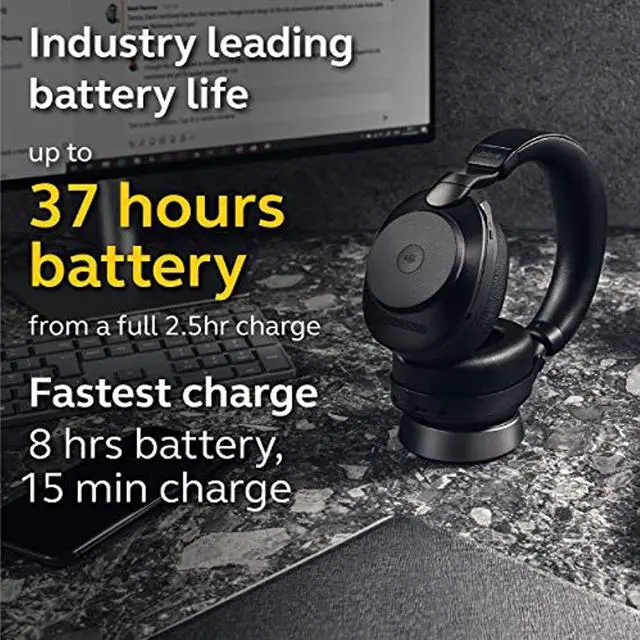 Alt view image 8 of 19 - Jabra Evolve2 85 UC Wireless Headphones with Link380a, Stereo, Black - Wireless Bluetooth Headset for Calls and Music, 37 Hours of Battery Life, Advanced Noise Cancelling Headphones