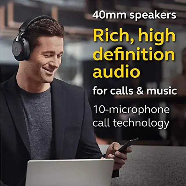 Alt view image 7 of 19 - Jabra Evolve2 85 UC Wireless Headphones with Link380a, Stereo, Black - Wireless Bluetooth Headset for Calls and Music, 37 Hours of Battery Life, Advanced Noise Cancelling Headphones