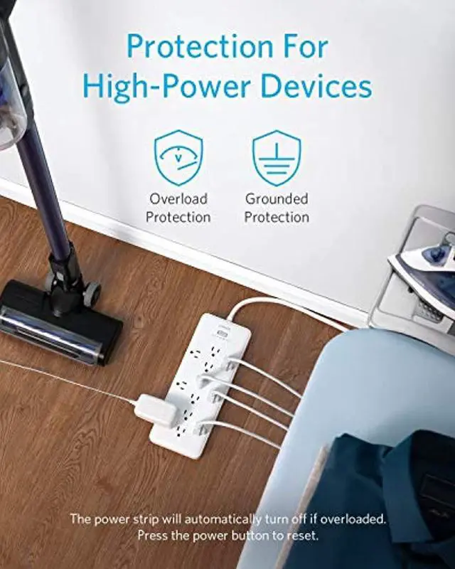 Alt view image 5 of 7 - Anker Power Strip Surge Protector (2 × 4000 Joules), PowerExtend Strip 12 Outlets with Flat Plug, 1875W Output, 6ft Extension Cord, Dual Surge Protection for Office, Home